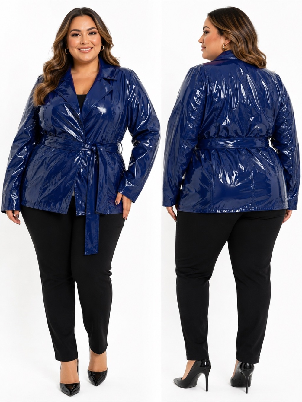 Pamela McCoy Plus Size Blue Patent Vinyl Belted Jacket Glossy Trench Coat - 1X